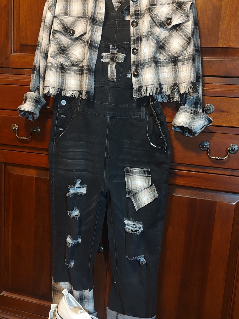 Black Distressed Denim Overalls with Plaid Patch Detail